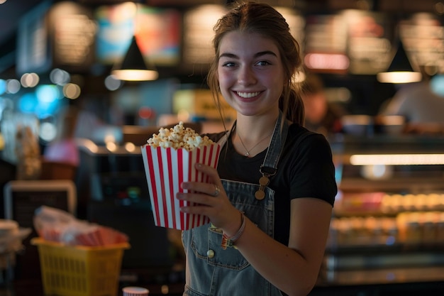 Funcionário feliz servindo pipocas no cinema com IA gerada