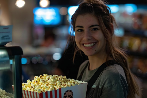 Funcionário feliz servindo pipocas no cinema com IA gerada