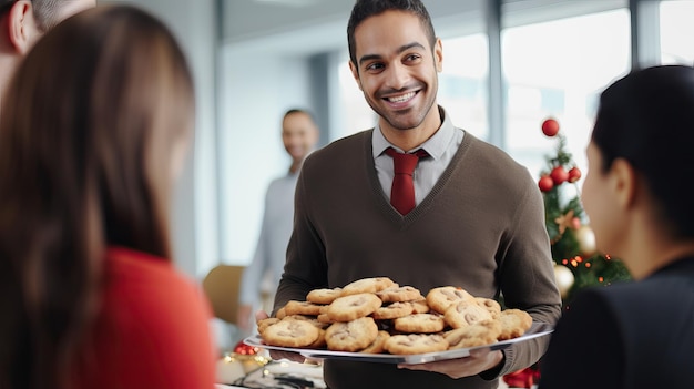 Funcionário hispânico entregando pratos de biscoitos de Natal para colegas de trabalho gerados por IA
