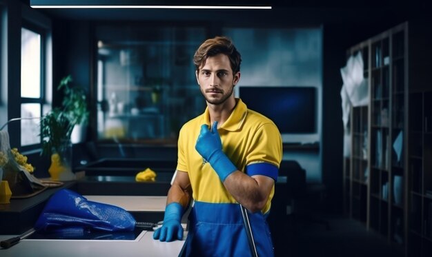 Foto funcionários de escritório trabalhando com uma limpeza em uniformes azuis