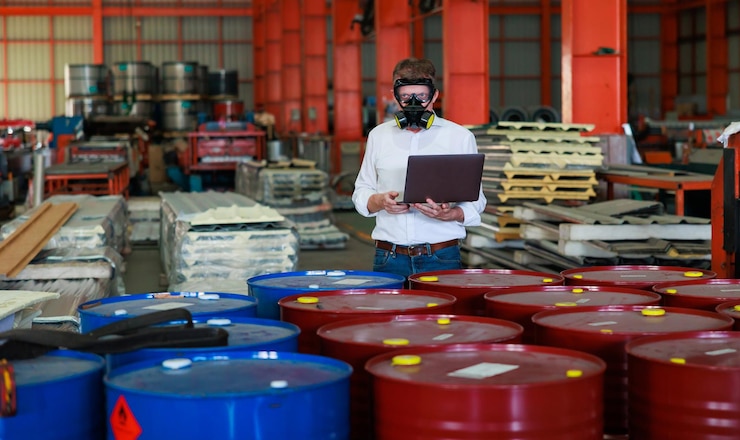 Funcionarios del Departamento de control de sustancias peligrosasxAbureau están investigando la fuga de productos químicos peligrosos en el tanque químico Hombre con máscara protectora y computadora portátil en la fábrica
