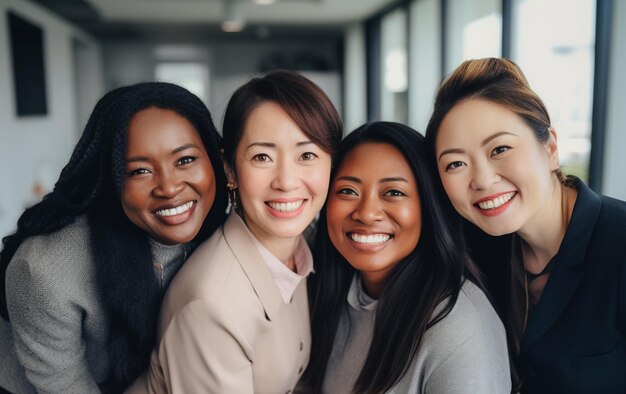 Foto funcionários felizes de diferentes origens e culturas comemoram juntos os resultados no trabalho