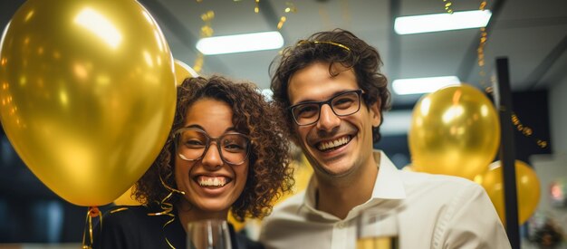 Foto funcionários felizes se reúnem para celebrar feriados no local de trabalho