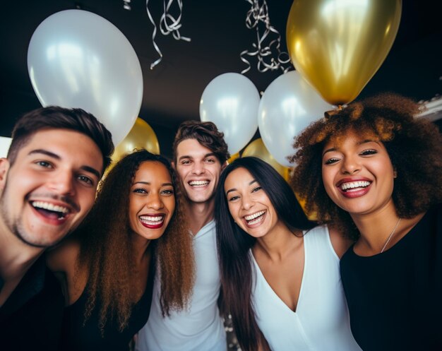 Foto funcionários felizes se reúnem para celebrar feriados no local de trabalho