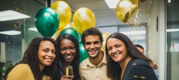 Foto funcionários felizes se reúnem para celebrar feriados no local de trabalho
