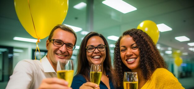 Foto funcionários felizes se reúnem para celebrar feriados no local de trabalho