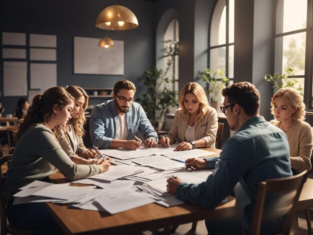 Foto funcionários que examinam o relatório financeiro