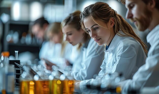 Foto funcionários trabalham em estudos de drogas no laboratório