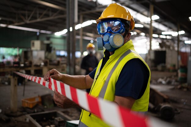 Foto los funcionarios de la zona restringida emplean rayas blancas y rojas para bloquear el área donde se está produciendo una fuga química para evitar que las personas entren en contacto con productos químicos potencialmente peligrosos