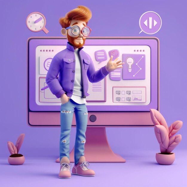 Fundador de 3D Cartoon Tech Startup Un joven fundador de startups tecnológicas hace una lluvia de ideas sobre el diseño de productos en un gran monitor AI Generative