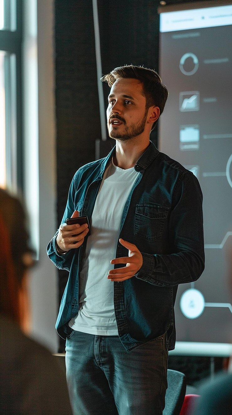 Foto fundador de uma startup tecnológica a lançar ideias