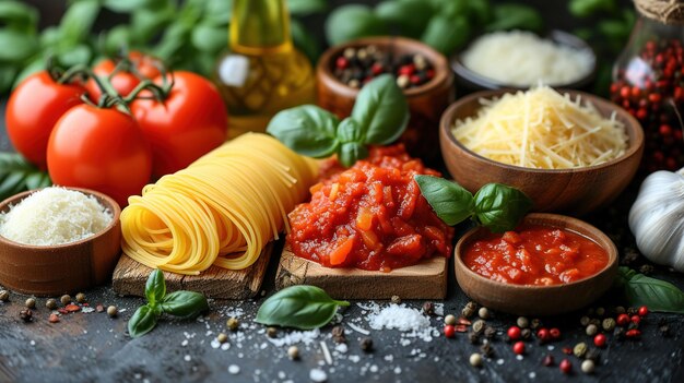 Fundamento alimentar Fundamento alimentar italiano com pasta ravioli tomates azeitonas e manjericão