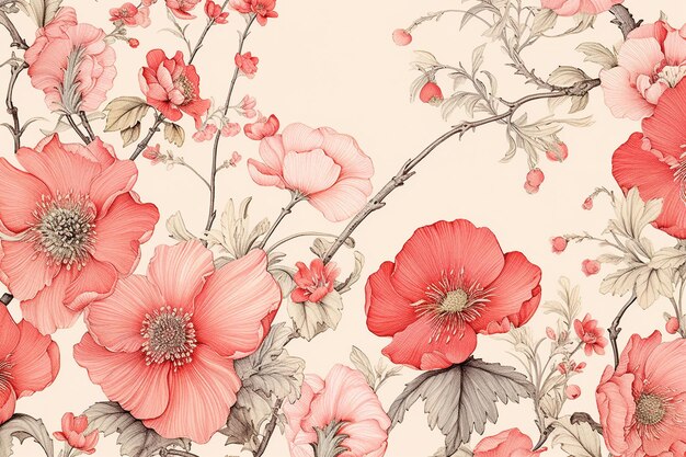 Fundamento floral japonês vintage flores de pêssego e estampa de arte de hibisco