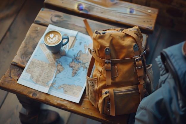 Foto fundamentos da aventura uma mochila bonita um mapa e um café
