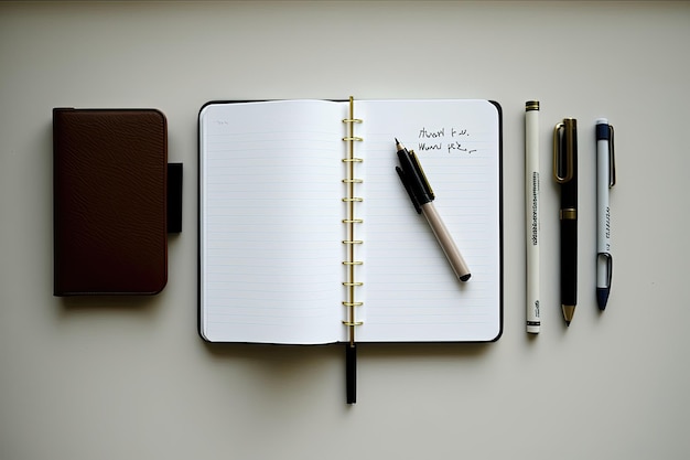 Fundamentos do planejamento de negócios um caderno em branco e uma caneta em um fundo branco pronto para ajudá-lo a organizar seus pensamentos e ideias Gerado por IA