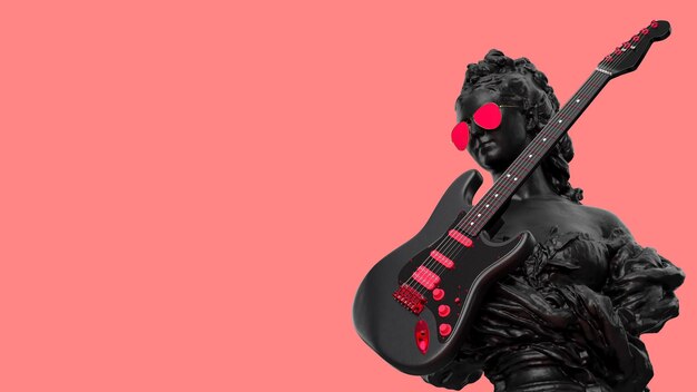 Foto fundamentos de música de render 3d con busto de mujer de guitarra