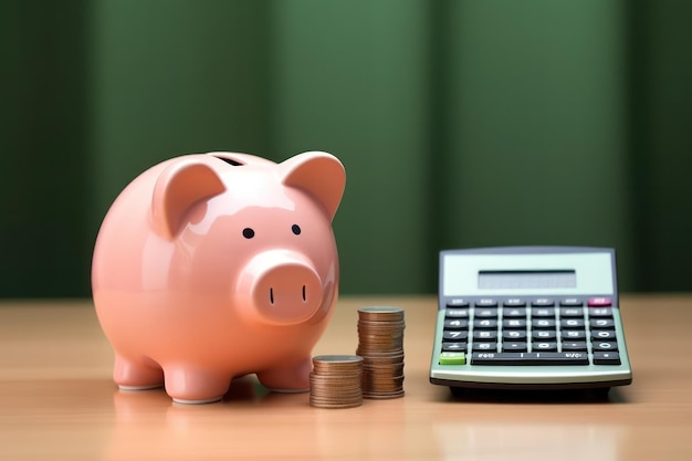 Fundamentos de planificación financiera Piggy Bank y Calculadora en una mesa para ahorros inteligentes