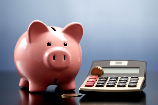 Fundamentos de planificación financiera Piggy Bank y Calculadora en una mesa para ahorros inteligentes