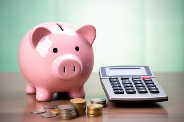 Fundamentos de planificación financiera Piggy Bank y Calculadora en una mesa para ahorros inteligentes