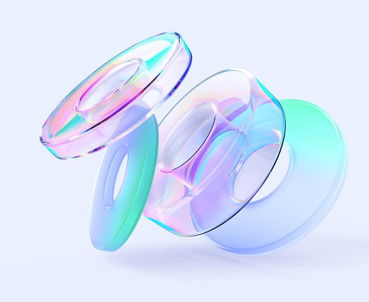 Foto fundo 3d abstrato com anéis de morfismo de vidro e brilhante transparente formas geométricas de cristal com textura de gradiente de cor arco-íris elementos dinâmicos de desfoque de néon circular holográfico