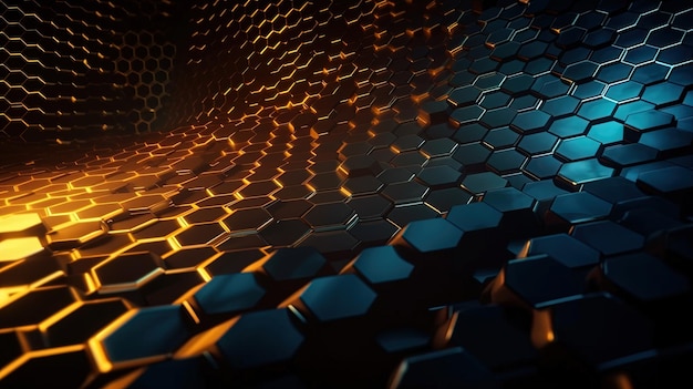 fundo 3D abstrato com hexágonos em cores azuis e amarelas