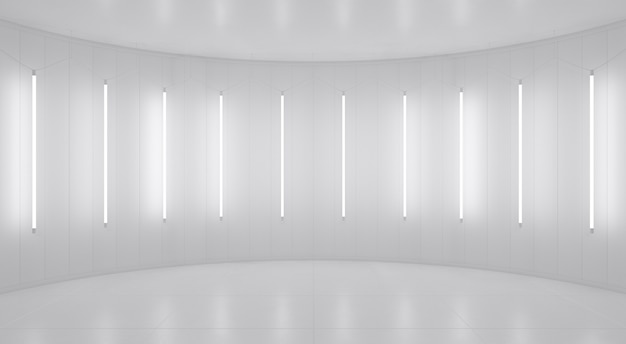 Fundo 3d abstrato minimalista branco Luz de lâmpadas nas paredes do palco circular