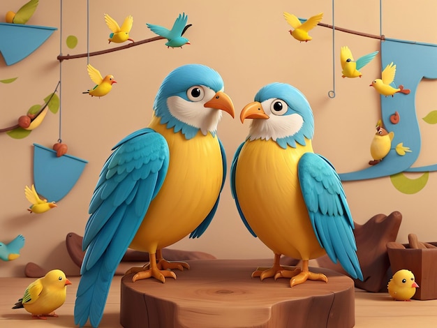 fundo 3d amarelo e azul de dois pássaros