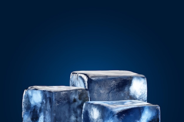 Fundo 3d azul de palco de pódio de cubo de gelo legal com cena de apresentação vazia de exibição de produto de iceberg de inverno ou modelo de estúdio de suporte de plataforma de publicidade fria e pano de fundo congelado de pedestal de neve em branco
