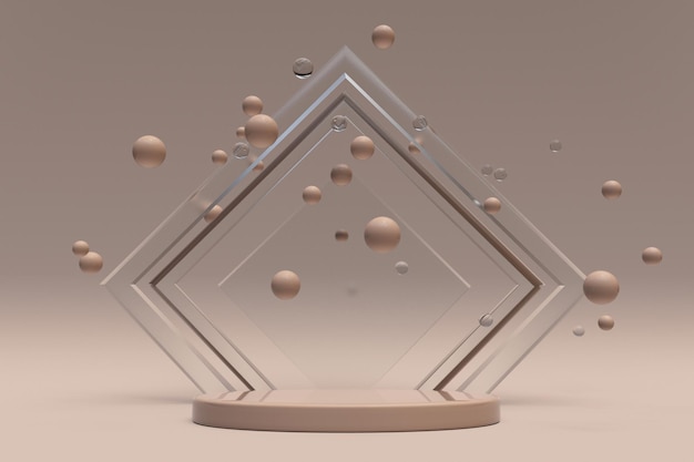 Fundo 3d com bolhas voadoras e pódio redondo vazio Design abstrato bege com esferas Arte digital Copiar espaço