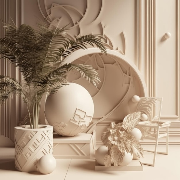 Foto fundo 3d com plantas nos pódios direção de arte 3d render ilustração