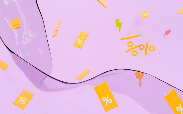 fundo 3d de cupons amarelos com onda líquida na parede lilás para marketing de promoção