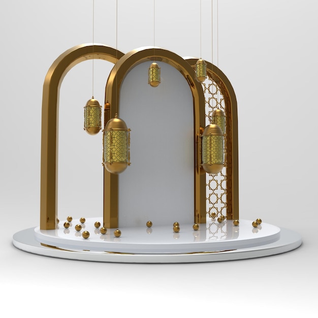 fundo 3d ramadan kareem com canhão árabe e objetos decorativos islâmicos, renderização em 3D