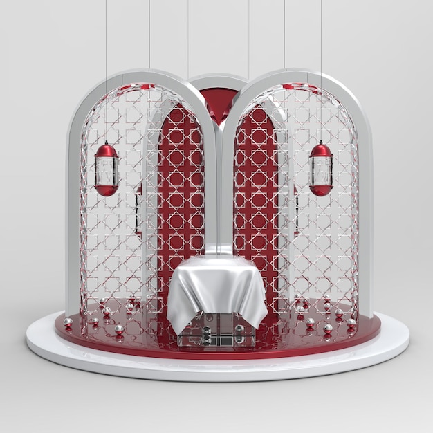 fundo 3d ramadan kareem com canhão árabe e objetos decorativos islâmicos, renderização em 3D