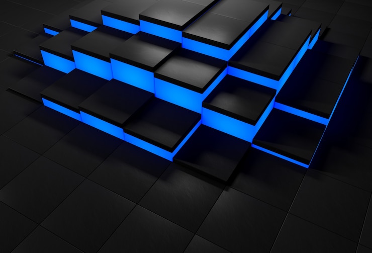 Foto fundo abstrato 3d com cubos pretos com bordas azuis brilhantes