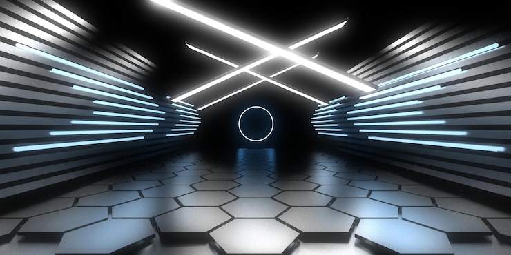 Foto fundo abstrato 3d com luzes de néon construção de espaço de túnel de néon ilustração 3d