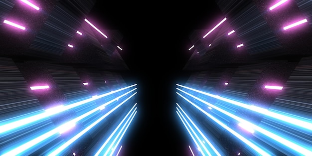 Fundo abstrato 3D com luzes de néon construção de espaço de túnel de néon ilustração 3D