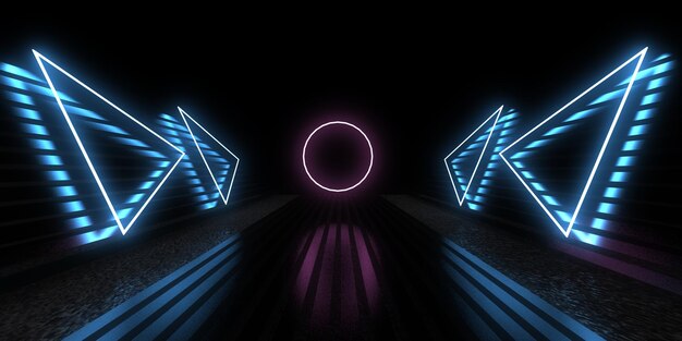 Fundo abstrato 3D com luzes de néon construção de espaço de túnel de néon ilustração 3D
