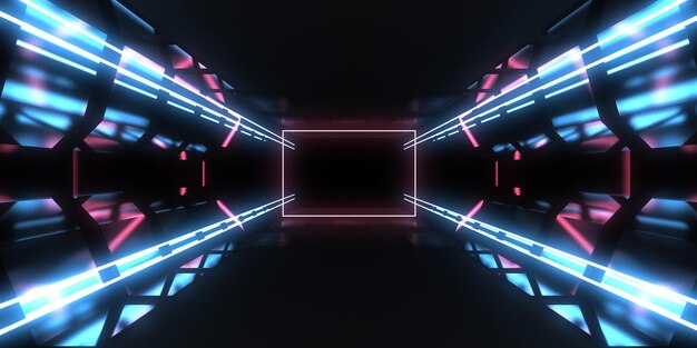 Fundo abstrato 3D com luzes de néon construção de espaço de túnel de néon ilustração 3D