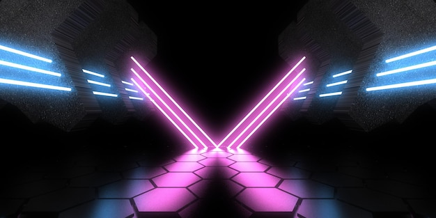 Fundo abstrato 3D com luzes de néon construção de espaço de túnel de néon ilustração 3D