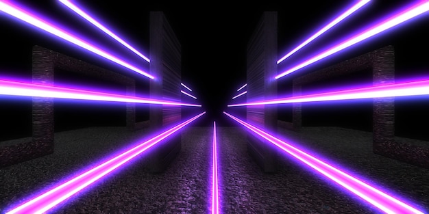 Fundo abstrato 3D com luzes de néon construção de espaço de túnel de néon ilustração 3D
