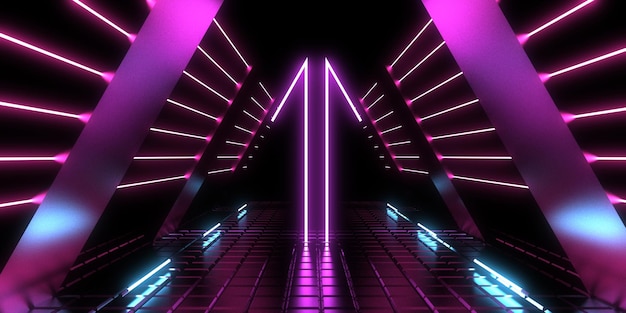 Fundo abstrato 3D com luzes de néon construção de espaço de túnel de néon ilustração 3D