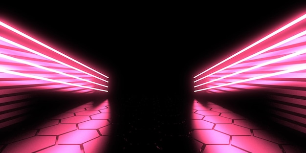 Fundo abstrato 3D com luzes de néon construção de espaço de túnel de néon ilustração 3D