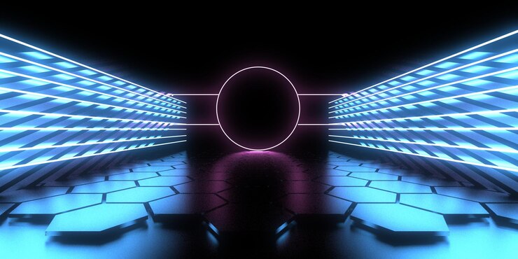 Foto fundo abstrato 3d com luzes de néon construção de espaço de túnel de néon ilustração 3d