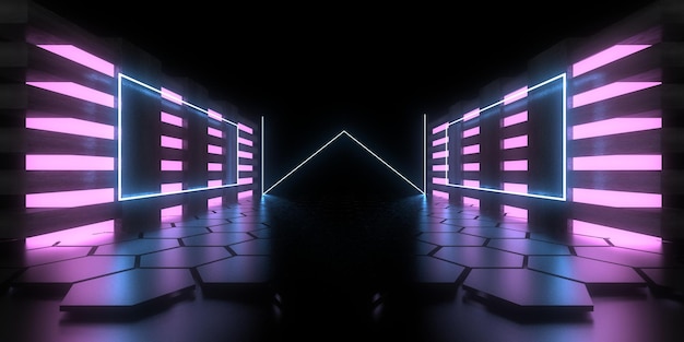 Fundo abstrato 3D com luzes de néon construção de espaço de túnel de néon ilustração 3d