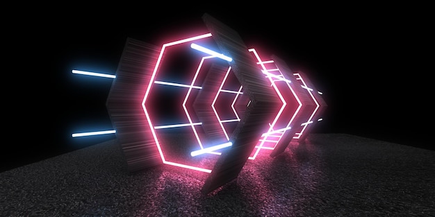 Fundo abstrato 3D com luzes de néon construção de espaço de túnel de néon ilustração 3d