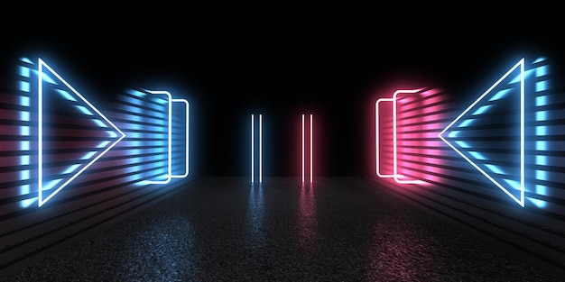 Fundo abstrato 3D com luzes de néon cubos de néon construção do espaço ilustração 3d