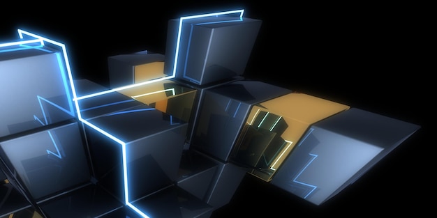 Fundo abstrato 3D com luzes de neon espaço túnel neon CUBES construção 3d ilustração