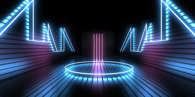 Fundo abstrato 3D com luzes de néon. túnel de néon. . construção do espaço. Ilustração .3d 33