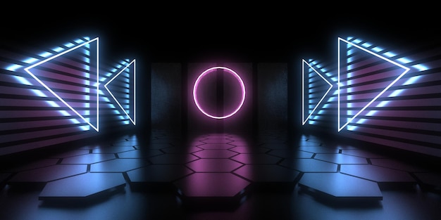 Fundo abstrato 3D com luzes de néon. túnel de néon. construção do espaço. Ilustração .3d