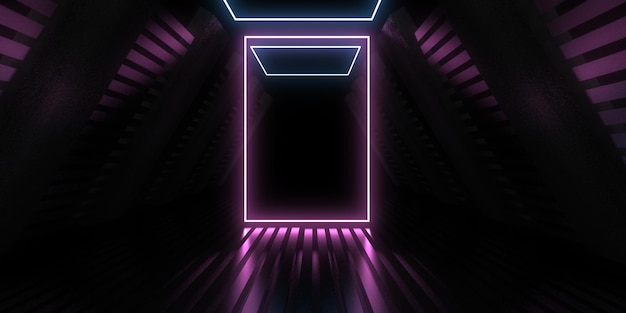 Fundo abstrato 3D com luzes de néon. túnel de néon. construção do espaço. Ilustração .3d